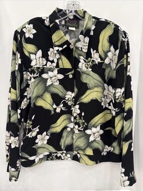 Kaua'iana VTG Women's Large Long Sleeve Blouse Shoulder Pads Hawaiian Floral